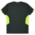The image shows the back view of a dark green T-shirt with bright yellow accents on the sides and sleeves. The T-shirt appears to be made of a lightweight, breathable material.