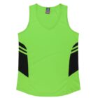 A bright green sleeveless athletic shirt with black diagonal stripes on the sides. The design features a V-neck collar and a straight hem.