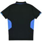 The image shows the back view of a black polo shirt with blue accents on the sides and sleeves, featuring a black collar.