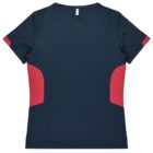 A short-sleeved athletic shirt in dark blue with red side panels. The shirt is displayed on a white background with the back side facing up.