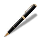 A sleek black pen with gold accents, featuring a clip on the cap, is pictured against a plain white background, casting a soft shadow.