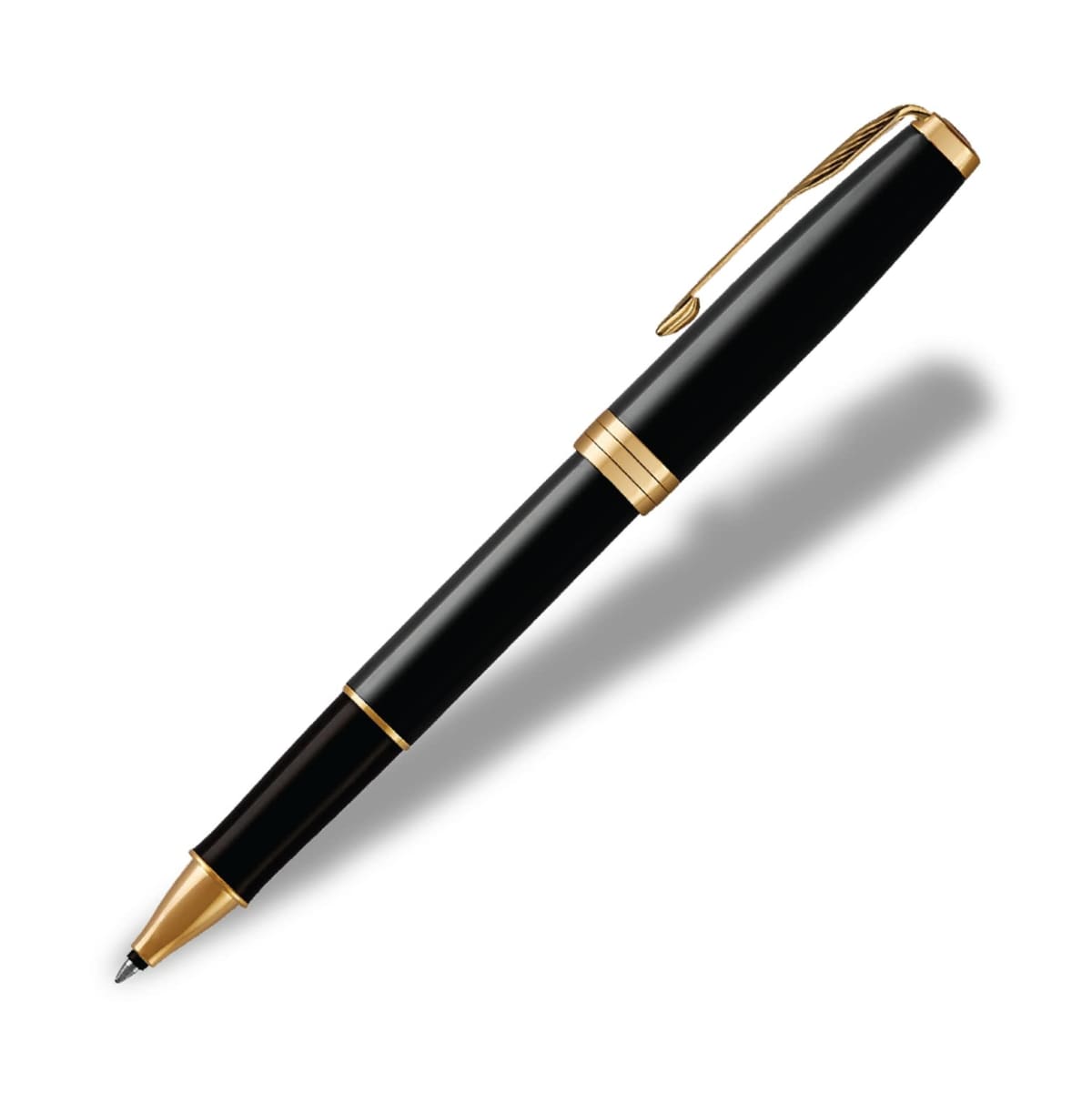 A sleek black pen with gold accents, featuring a clip on the cap, is pictured against a plain white background, casting a soft shadow.