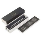A silver Parker pen in a black gift box with a card beside it.