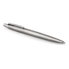 A silver retractable ballpoint pen with a clip, lying on a white background.