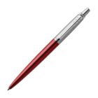 Red and silver retractable ballpoint pen with a metal clip.