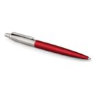A red and silver retractable ballpoint pen on a white background.