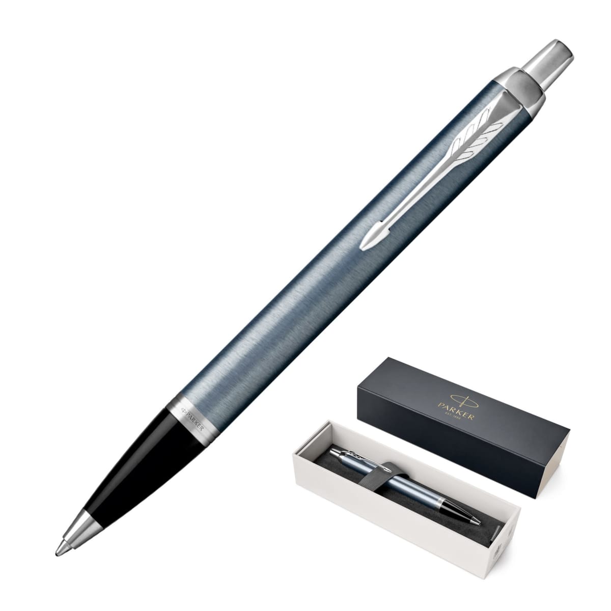 A metallic blue ballpoint pen with a gift box featuring the same pen.