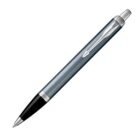 Silver and black retractable ballpoint pen with a metallic clip on a white background.