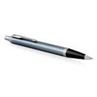 A blue metallic ballpoint pen with a silver clip and a click button.