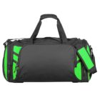 A black and green duffel bag with multiple compartments, a handle, and an adjustable shoulder strap. The bag has zippers and mesh pockets on the sides, suitable for travel or sports use.