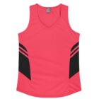 A sleeveless red sports jersey with a V-neck, featuring black geometric patterns on the sides.