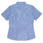 A back view of a short-sleeved, blue checkered shirt with a collar. The fabric appears light, and the shirt is neatly pressed, displaying a simple, classic design.