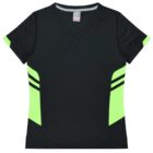 A black athletic shirt with a V-neck is displayed. It features bright green panels on the sides and two horizontal black stripes on the green sections. The shirt is laid flat against a white background.
