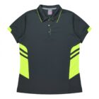 A short-sleeve, dark gray polo shirt with a neon green collar lining and panel accents. The shirt features two thin black stripes across the green side panels for a sporty look.
