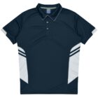 A black polo shirt with white accents on the sides and sleeves. It features a collar and three buttons at the neck. The design includes two white diagonal lines on each side, enhancing the sporty look.