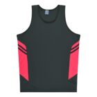 A sleeveless, black athletic shirt with bright pink side panels that feature black stripes. The shirt is laid flat on a white background.