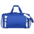 Blue and white sports duffel bag with multiple compartments, a detachable shoulder strap, and a tag attached.