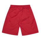 Red athletic shorts with an elastic waistband, displayed on a white background.