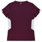 Back view of a maroon jersey with short sleeves, featuring white side panels.