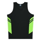 A black sleeveless sports top with bright green panels on the sides and two thin black stripes on each panel. The top has a round neckline and a small blue label at the back.