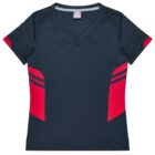 A short-sleeved athletic shirt featuring a V-neck design. It is primarily dark blue with vibrant red accents on the sides and shoulders. The shirt has a modern, sporty look with small decorative stripes on the red panels.