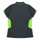 Back view of a short-sleeved polo shirt in dark green with bright green accents on the sides and collar. The shirt is displayed against a plain white background.