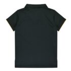 A dark green polo shirt with a classic collar and short sleeves. The shirt is laid flat, displaying the back side. The sleeve edges have a contrasting trim in yellow.