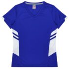 A blue sports jersey with white side panels and two white stripes on each side. The jersey has a V-neck and short sleeves.