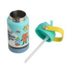 A colorful insulated drink container with cartoon animal designs and Real Reduction printed on it. The open lid with a straw is detached, next to the container. The lid is teal with a yellow handle.