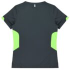 A dark gray athletic T-shirt with lime green panels on the sides. The fabric appears to be lightweight and breathable, suggesting its designed for sports or active wear. The back view of the shirt is shown.