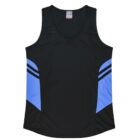 A sleeveless sports jersey in black with blue geometric panels on the sides and two slanted black stripes on each panel.