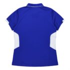 A royal blue polo shirt with a collar and short sleeves, featuring white accents on the sides and sleeve edges. The back view shows a clean and simple design, with no visible logos or text.