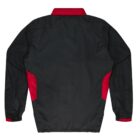 A black jacket with red accents on the collar, sides, and cuffs, viewed from the back. The design is simple and casual, suitable for everyday wear.