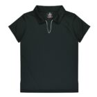 Dark green polo shirt with a short-sleeve design and a classic collar. The shirt features a V-neck and is laid flat against a white background, showcasing its simple and elegant style.