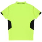 A bright yellow-green soccer jersey with a black collar and black panels on the sides. The shirt is laid flat, viewed from the back.