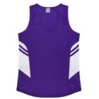 Purple sleeveless sports jersey with white geometric stripes on each side. The tank top features a V-neck design and a small tag at the back of the collar.