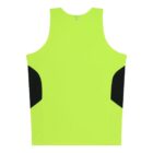 A fluorescent yellow sleeveless sports tank top with black side panels on a plain white background, viewed from the back.