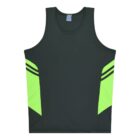 A sleeveless, dark green sports tank top featuring bright green side panels with black diagonal stripes. The design is simple and athletic, suitable for physical activities.