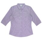 A purple checkered button-up shirt with three-quarter length sleeves is laid flat. It features a pointed collar and a fitted design with darts along the front and back.
