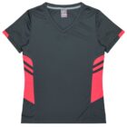 A dark green V-neck short-sleeve athletic shirt with bright red and black striped accents on the sides. The design is symmetrical and the material appears smooth with a logo tag on the inside collar.
