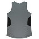 Back view of a gray athletic tank top with black side panels, designed for a comfortable fit. The mesh fabric suggests breathability, making it suitable for sports or casual wear.