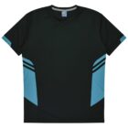 A black t-shirt with short sleeves featuring blue geometric accents on the sides and a subtle striped pattern extending from the midsection towards the sleeves.