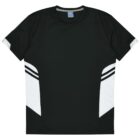 A black athletic T-shirt with white geometric patterns on the sides and two white stripes on each side of the chest area. The shirt is laid flat, showing its short sleeves and crew neck design.