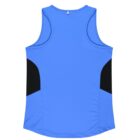 A sleeveless athletic blue tank top with black side accents is displayed against a white background. The design features a racerback style and a slightly curved hem.