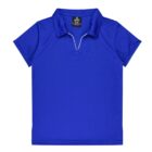 A bright blue short-sleeve polo shirt with a v-neck collar, featuring a small black label with text inside the collar. The shirt is laid flat against a white background.