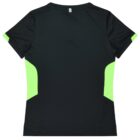 A black athletic T-shirt with short sleeves, featuring lime green accents on the sides. The shirt is shown from the back, highlighting its sleek and sporty design.
