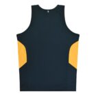 A black athletic tank top with prominent yellow panels on the sides, viewed from the back. The fabric appears smooth, with a simple, minimalist design suitable for sports or casual wear.