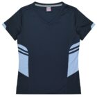 A dark blue V-neck athletic shirt with short sleeves, featuring light blue and black stripe accents on the sides and sleeves.
