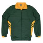 A green jacket with a yellow lining and accents. It features a zip-up front and two yellow-striped panels on the sides. The collar and sleeve ends are elasticized.