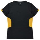 Back view of a dark green sports shirt with short sleeves and yellow side panels. The shirt is laid flat, showcasing its design and color contrast between the green and yellow sections.